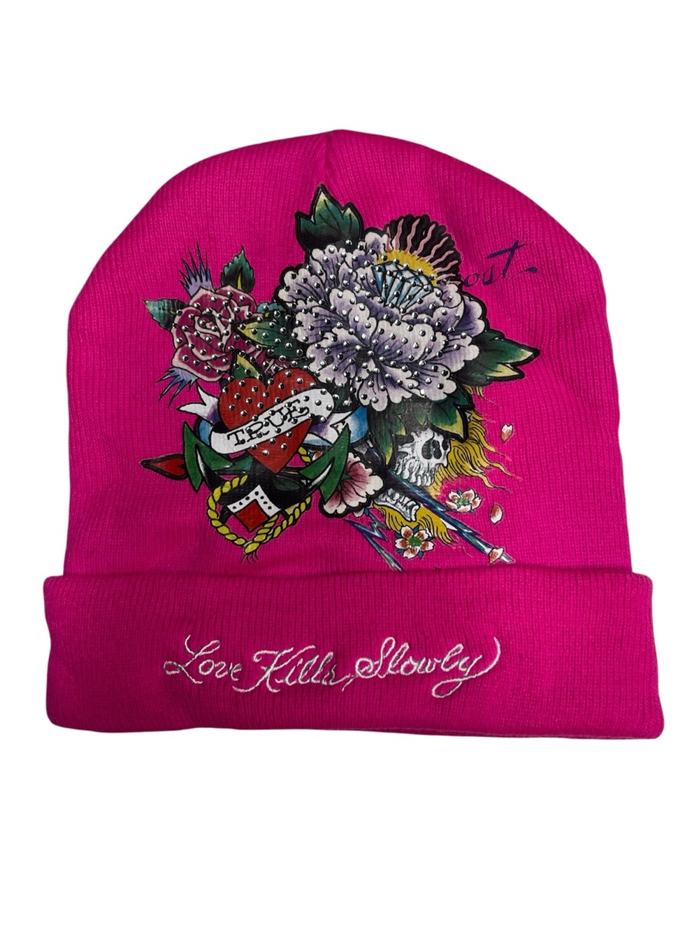 Ed Hardy Y2K Hot Pink "Love Kills Slowly" Graphic Beanie Hat